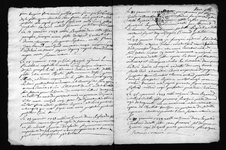 Collection du greffe. Baptêmes, mariages, sépultures, 1729