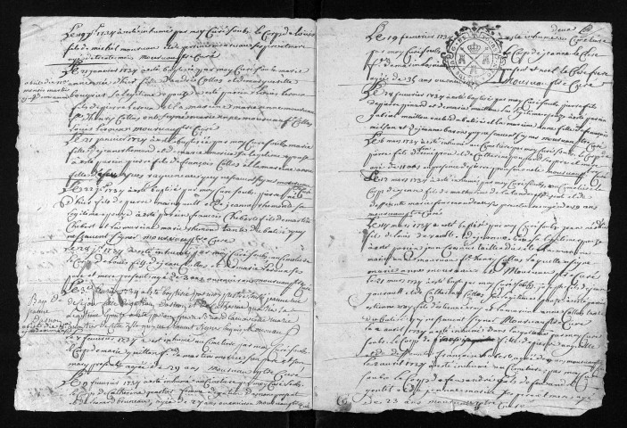 Collection du greffe. Baptêmes, mariages, sépultures, 1734