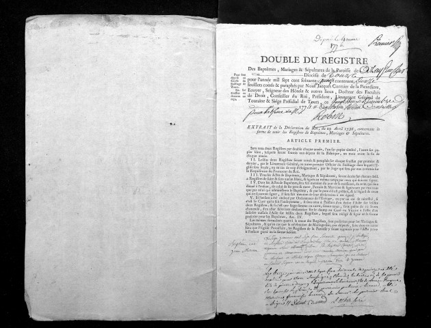 Collection du greffe. Baptêmes, mariages, sépultures, 1775-1776