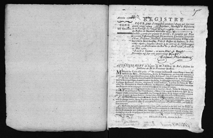 Collection du greffe. Baptêmes, mariages, sépultures, 1785