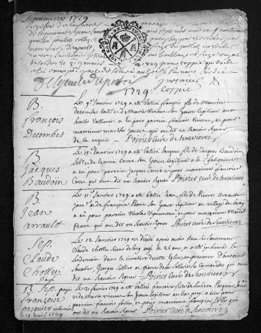 Baptêmes, mariages, sépultures, 1729