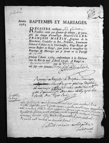 Baptêmes, mariages, 1763