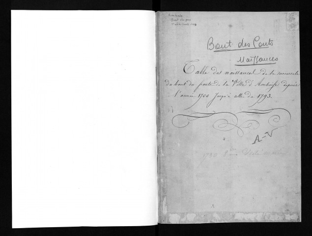 Collection communale. Tables alphabétiques des baptêmes (1700-1793), des mariages (1700-1792) et des sépultures (1700-1793)