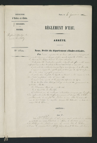 Arrêté portant règlement hydraulique du moulin d'Abilly (4 janvier 1862)