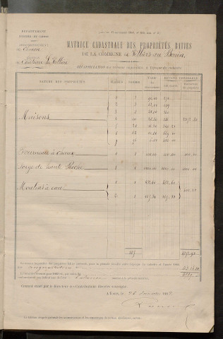 Matrice des propriétés bâties ; augmentations et diminutions, 1883-1891 ; séparation des revenus cadastraux afférents, pour l'année 1882, aux propriétés bâties et non bâties (état-balance) ; table alphabétique des propriétaires.