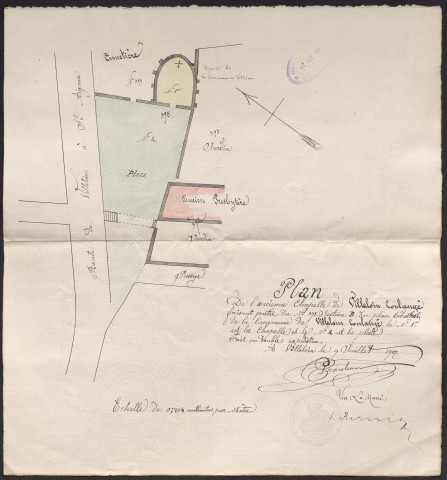 Plan d'un terrain à acquérir pour l'établissement d'une nouvelle église (1868), six plans projet de construction (1868), deux plans au sol, deux coupes longitudinales, façade d'entrée et coupe transversale, façade latérale, plan de l'ancienne église (1873), quatre plans de l'état actuel (1891), deux plans de la façade latérale, deux plans de la façade latérale, plan de construction d'un clocher (1891), façade principale, latérale et coupe d'un clocher (1891), plan de détails du clocher [1891], détail de la croix en zinc [1891], plan de la charpente beffroi (1901), plan de l'ancienne chapelle (1907).