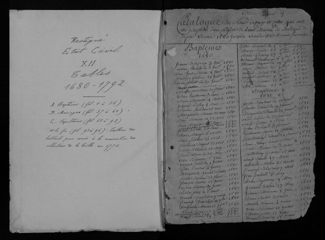 Collection communale. Table chronologique des baptêmes, 1680-1792