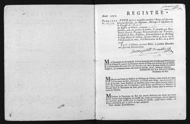 Collection du greffe. Baptêmes, mariages, sépultures, 1777