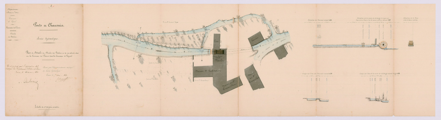 Plan et détail du moulin des Foulons et de ses abords (5 mai 1860)