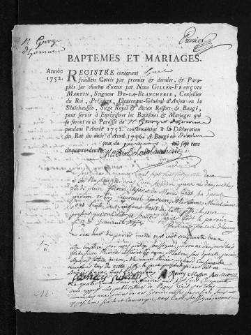 Collection du greffe. Baptêmes,mariages, 1752