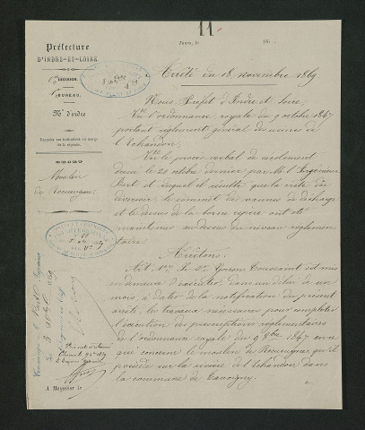 Travaux réglementaires. Mise en demeure d'exécution (18 novembre 1869)