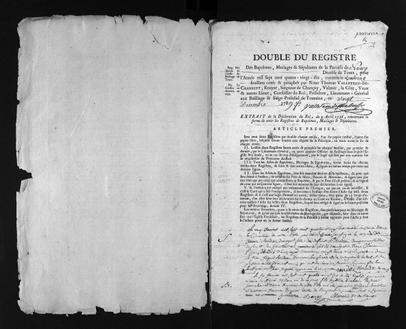 Collection du greffe. Baptêmes, mariages, sépultures, 1790-1791