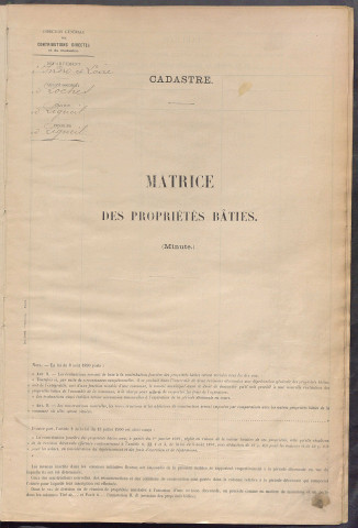 Matrice des propriétés bâties ; récapitulation ; table alphabétique des propriétaires.