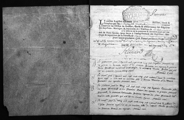 Collection du greffe. Baptêmes, mariages, sépultures, 1705-1722