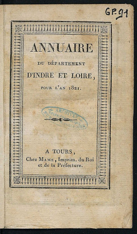 Annuaire du département de l'Indre-et-Loire - 1821.