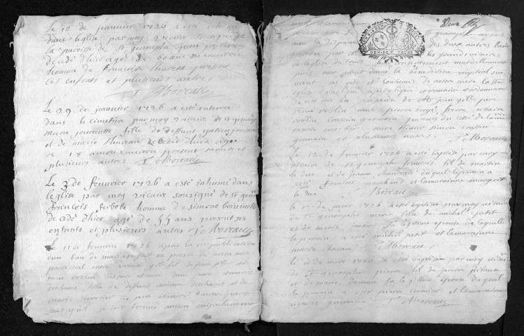 Baptêmes, mariages, sépultures, 1726 - Les années 1705-1725 sont lacunaires dans la collection du greffe