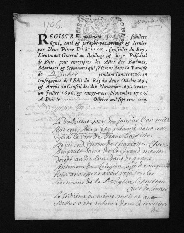 Collection du greffe. Baptêmes, mariages, sépultures, 1706
