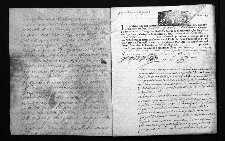 Collection du greffe. Baptêmes, mariages, sépultures, 1702 - Les années 1696-1701 sont lacunaires dans cette collection