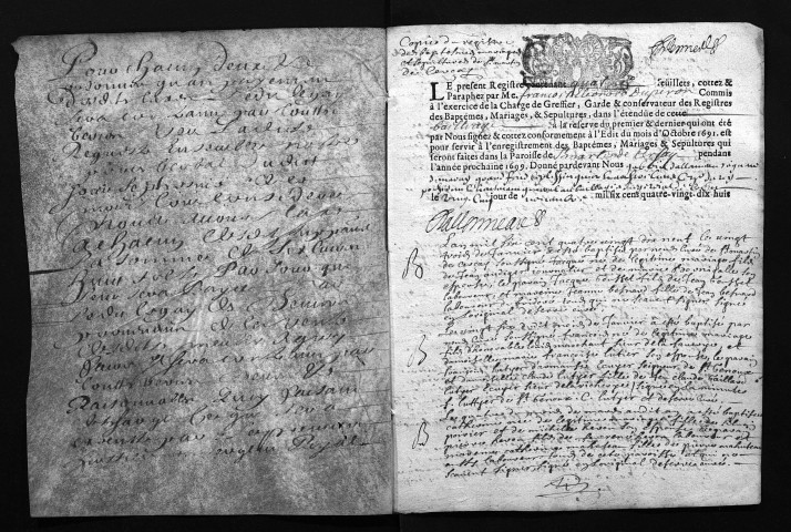 Collection du greffe. Baptêmes, mariages, sépultures, 1699