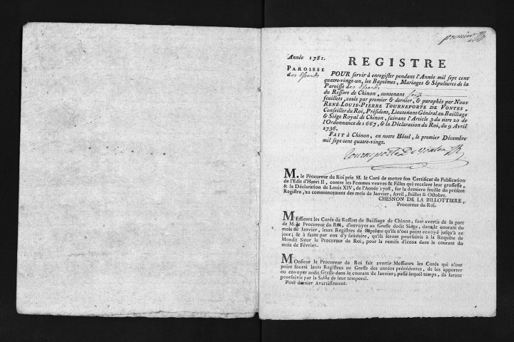 Collection du greffe. Baptêmes, mariages, sépultures, 1781