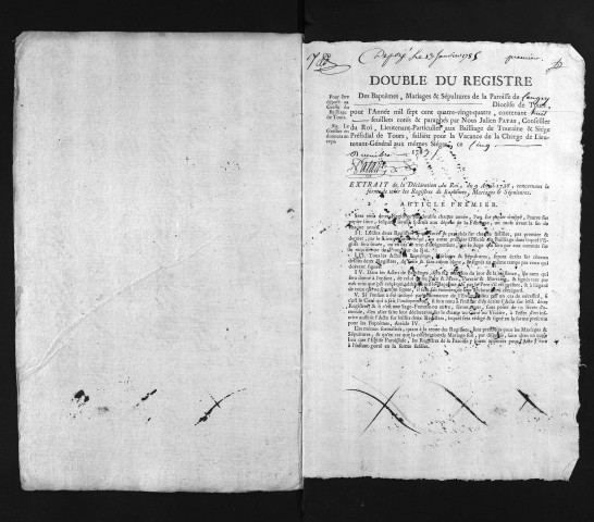 Collection du greffe. Baptêmes, mariages, sépultures, 1784