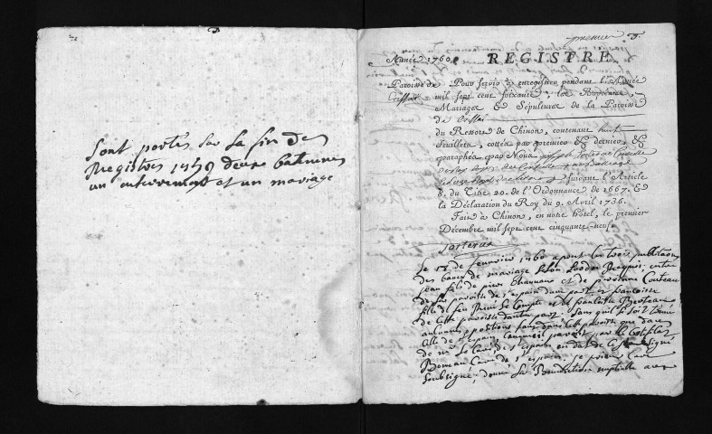 Collection du greffe. Baptêmes, mariages, sépultures, 1760