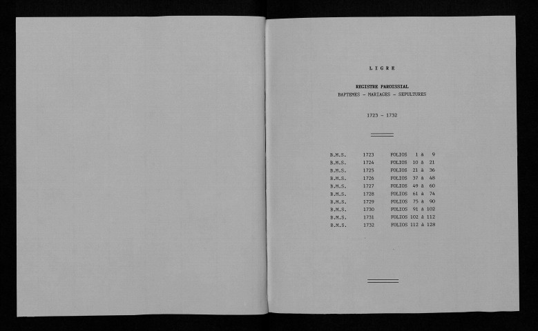 Collection communale. Baptêmes, mariages, sépultures, 1723-1731