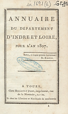 Annuaire du département de l'Indre-et-Loire - 1807.