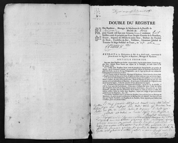 Collection du greffe. Baptêmes, mariages, sépultures, 1772