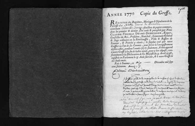 Collection du greffe. Baptêmes, mariages, sépultures, 1773