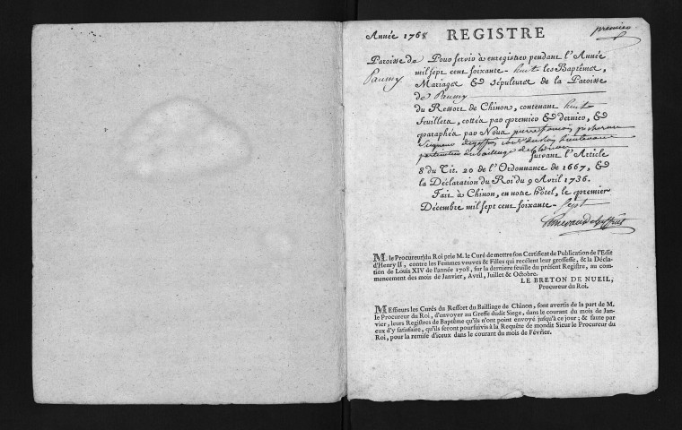 Collection du greffe. Baptêmes, mariages, sépultures, 1768