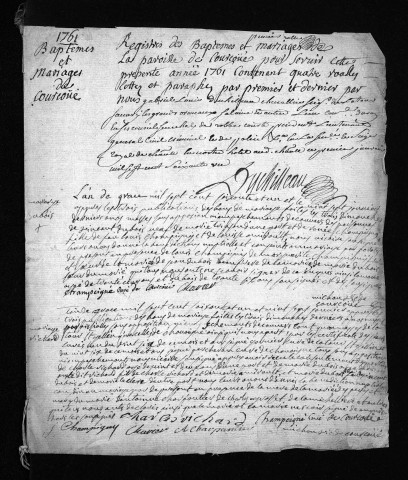 Collection du greffe. Baptêmes, mariages, sépultures, 1761