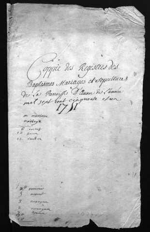 Collection du greffe. Baptêmes, mariages, sépultures, 1751