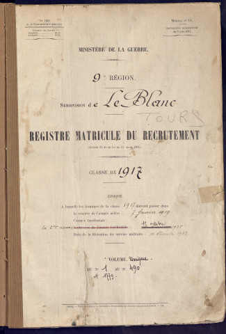 Classe 1917. Matricules n°1-490, 1779