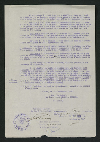 Arrêté préfectoral autorisant à établir une vanne de décharge (3 décembre 1931)
