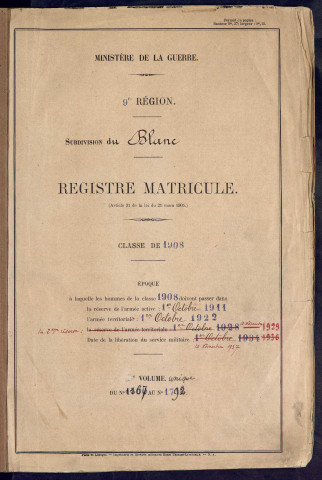 Classe 1908. Matricules n°1167-1792