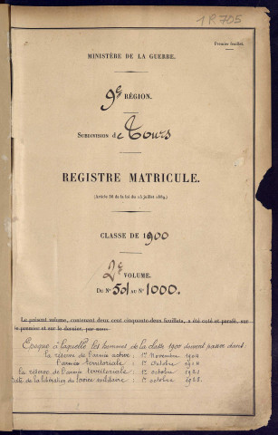 Classe 1900. Matricules n°501-1000