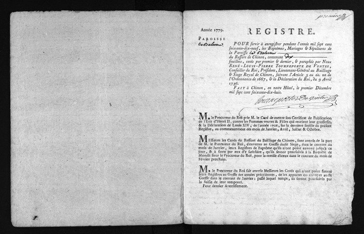 Collection du greffe. Baptêmes, mariages, sépultures, 1779