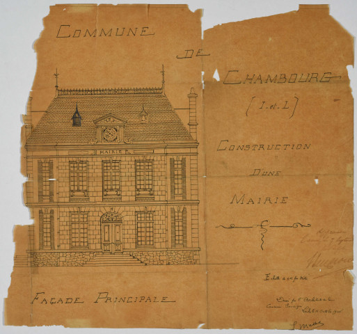 Mairie, construction : cahier des charges, devis, factures, plans, affiches de l'inauguration.