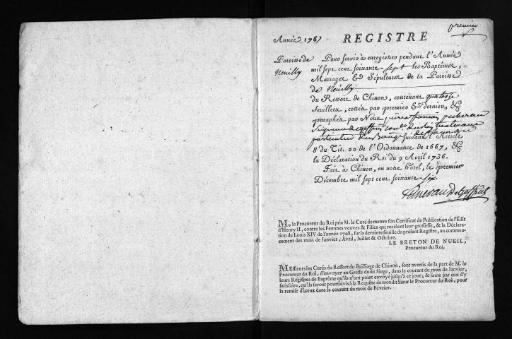 Collection du greffe. Baptêmes, mariages, sépultures, 1767