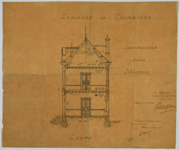 Mairie, construction : cahier des charges, devis, factures, plans, affiches de l'inauguration.