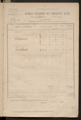 Matrice des propriétés bâties ; augmentations et diminutions, 1883-1891 ; séparation des revenus cadastraux afférents, pour l'année 1882, aux propriétés bâties et non bâties (état-balance) ; table alphabétique des propriétaires.