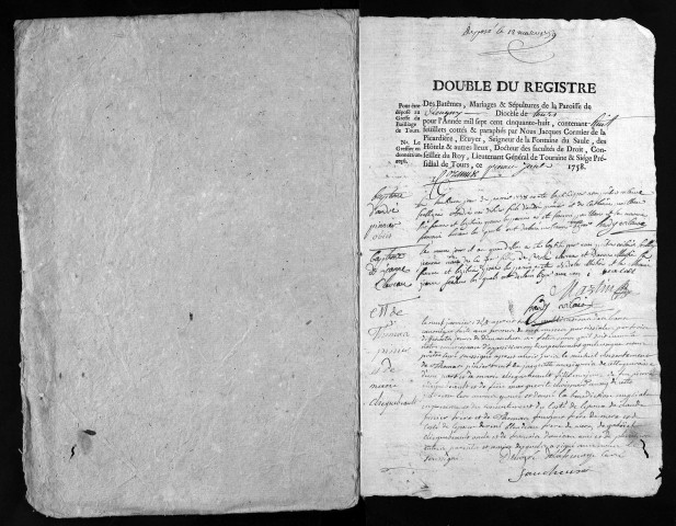 Collection du greffe. Baptêmes, mariages, sépultures, 1758