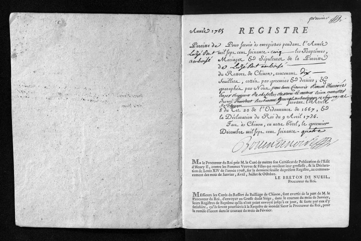 Collection du greffe. Baptêmes, mariages, sépultures, 1765