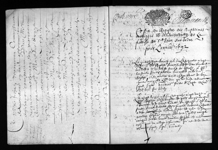 Baptêmes, mariages, sépultures, 1692 - Les années 1689-1691 sont lacunaires dans la collection du greffe