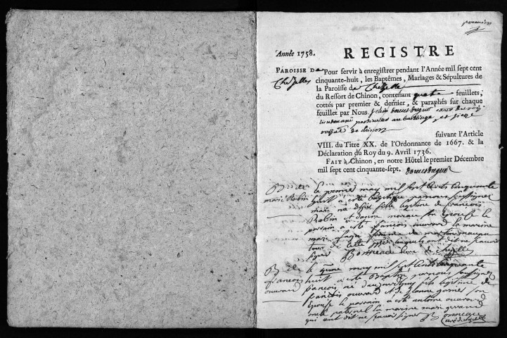 Collection du greffe. Baptêmes, mariages, sépultures, 1758