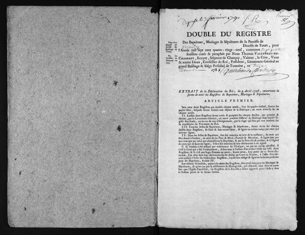 Collection du greffe. Baptêmes, mariages, sépultures, 1789