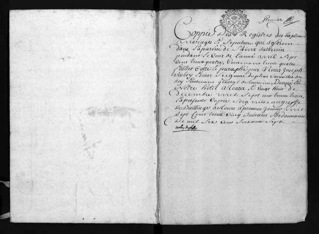 Baptêmes, mariages, sépultures, 1734