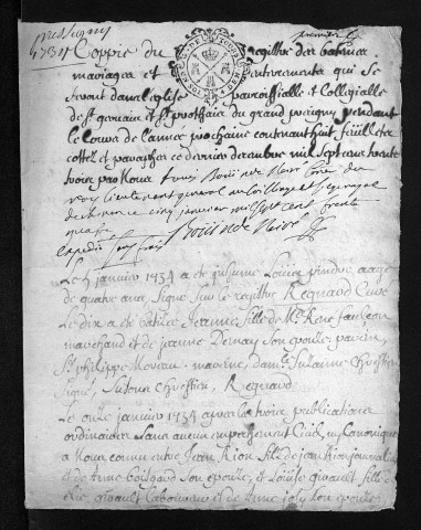 Collection du greffe. Baptêmes, mariages, sépultures, 1734