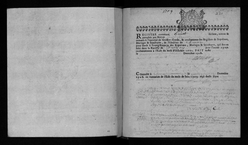 Collection communale. Baptêmes, mariages, sépultures, 1709-1712 (contient une lettre épiscopale de dispense de mariage de 1783)